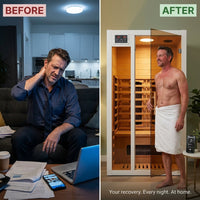 2 Person Extendable FAR Infrared Sauna for Home, Hemlock Wood Low EMF 6 Carbon Heaters Indoor Saunas with LED Lights, Bluetooth Speaker, Digital Control Panel, and Seating Bench — Before & After