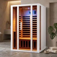 2 Person Extendable FAR Infrared Sauna for Home, Hemlock Wood Low EMF 6 Carbon Heaters Indoor Saunas with LED Lights, Bluetooth Speaker, Digital Control Panel, and Seating Bench — Studio Shot