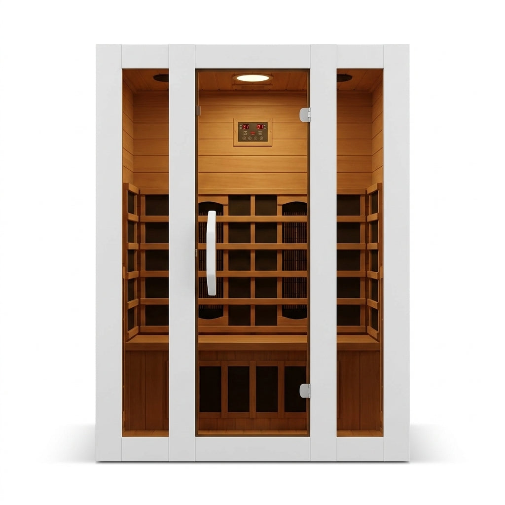 2 Person Extendable FAR Infrared Sauna for Home, Hemlock Wood Low EMF 6 Carbon Heaters Indoor Saunas with LED Lights, Bluetooth Speaker, Digital Control Panel, and Seating Bench — Studio Shot