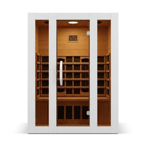 2 Person Extendable FAR Infrared Sauna for Home, Hemlock Wood Low EMF 6 Carbon Heaters Indoor Saunas with LED Lights, Bluetooth Speaker, Digital Control Panel, and Seating Bench — Studio Shot
