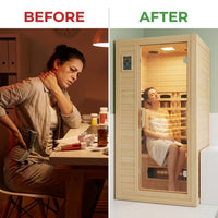Far Infrared Sauna European Aspen Wood 1 Person Infrared Sauna for Home 905W Low EMF Mini Indoor Sauna with Bluetooth Speakers, Right Door — Before & After