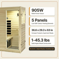 Far Infrared Sauna European Aspen Wood 1 Person Infrared Sauna for Home 905W Low EMF Mini Indoor Sauna with Bluetooth Speakers, Right Door — Results & Stats