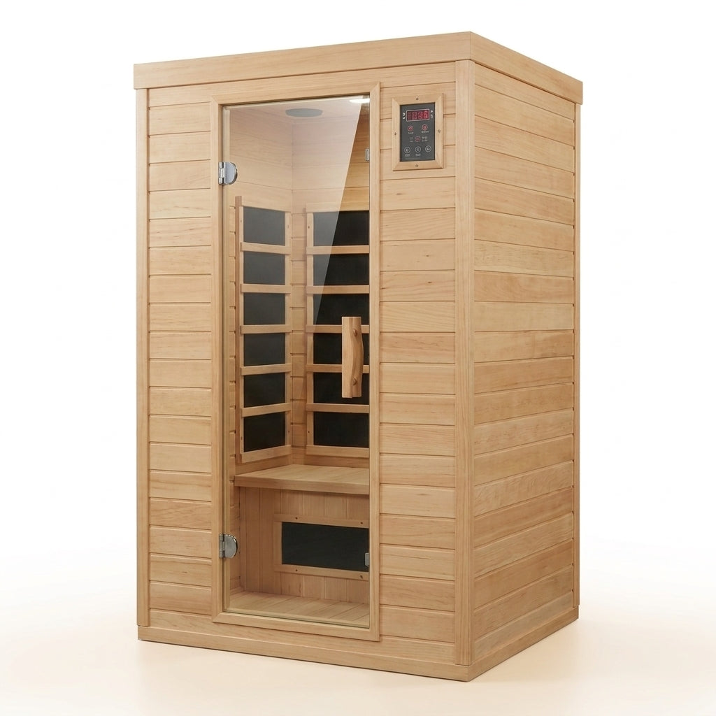 Far Infrared Sauna European Aspen Wood 1 Person Infrared Sauna for Home 905W Low EMF Mini Indoor Sauna with Bluetooth Speakers, Right Door — Studio Shot