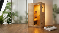 Far Infrared Sauna European Aspen Wood 1 Person Infrared Sauna for Home 905W Low EMF Mini Indoor Sauna with Bluetooth Speakers, Right Door — Lifestyle