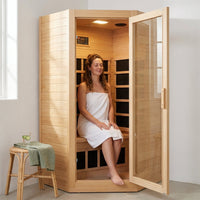 Far Infrared Sauna European Aspen Wood 1 Person Infrared Sauna for Home 905W Low EMF Mini Indoor Sauna with Bluetooth Speakers, Right Door — Lifestyle