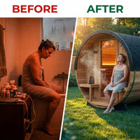 Paxton 4-6 Person Traditional Cedar Outdoor Barrel Sauna with Electric Sauna Heater, Front Porch, Sauna Rocks, Dry Heat, Steam Sauna, LED Lights, Wi-Fi Panel, Sauna Accessories — Before & After