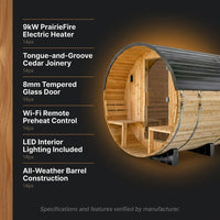 Paxton 4-6 Person Traditional Cedar Outdoor Barrel Sauna with Electric Sauna Heater, Front Porch, Sauna Rocks, Dry Heat, Steam Sauna, LED Lights, Wi-Fi Panel, Sauna Accessories — Results & Stats