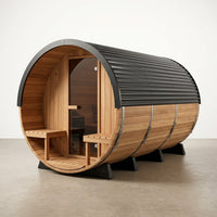 Paxton 4-6 Person Traditional Cedar Outdoor Barrel Sauna with Electric Sauna Heater, Front Porch, Sauna Rocks, Dry Heat, Steam Sauna, LED Lights, Wi-Fi Panel, Sauna Accessories — Studio Shot
