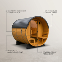 Paxton 4-6 Person Traditional Cedar Outdoor Barrel Sauna with Electric Sauna Heater, Front Porch, Sauna Rocks, Dry Heat, Steam Sauna, LED Lights, Wi-Fi Panel, Sauna Accessories — infographic