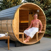 Paxton 4-6 Person Traditional Cedar Outdoor Barrel Sauna with Electric Sauna Heater, Front Porch, Sauna Rocks, Dry Heat, Steam Sauna, LED Lights, Wi-Fi Panel, Sauna Accessories — Lifestyle
