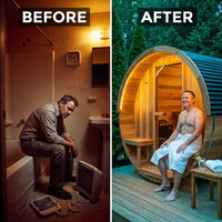 Traditional Cedar Sauna Built for Home Wellness, 9kW Electric Heater, Barrel Design, LED Lights — Before & After