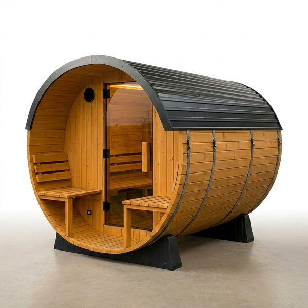 Traditional Cedar Sauna Built for Home Wellness, 9kW Electric Heater, Barrel Design, LED Lights — Studio Shot
