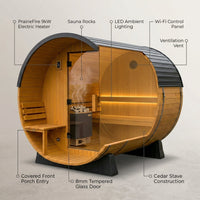 Traditional Cedar Sauna Built for Home Wellness, 9kW Electric Heater, Barrel Design, LED Lights — How It Works